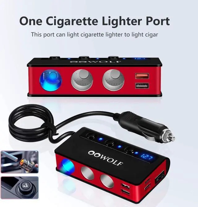 Alt view image 2 of 7 - OOWOLF 7 in 1 Car Charger, 3-Socket 180W Cigarette Lighter Adapter for DC 12V/24V Car, 4USB Ports with Quick Charge 3.0 Power Car Splitter for GPS, Dash Cam, Sat Nav, Phone, Tablet, Black-Red
