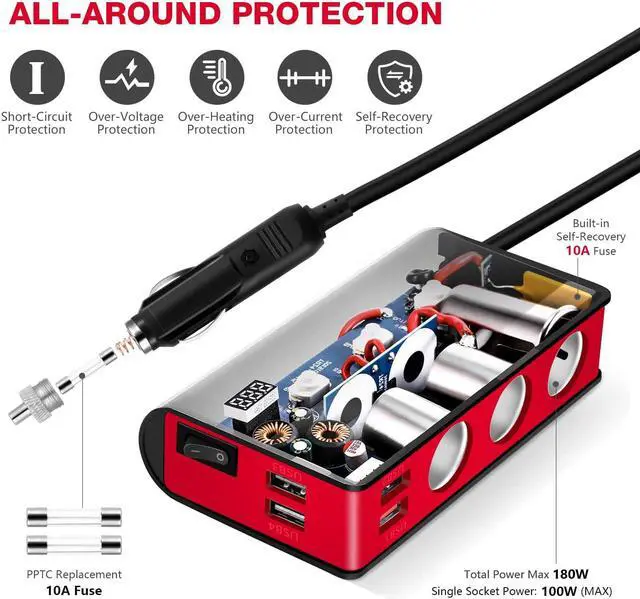 Alt view image 3 of 7 - OOWOLF 7 in 1 Car Charger, 3-Socket 180W Cigarette Lighter Adapter for DC 12V/24V Car, 4USB Ports with Quick Charge 3.0 Power Car Splitter for GPS, Dash Cam, Sat Nav, Phone, Tablet, Black-Red