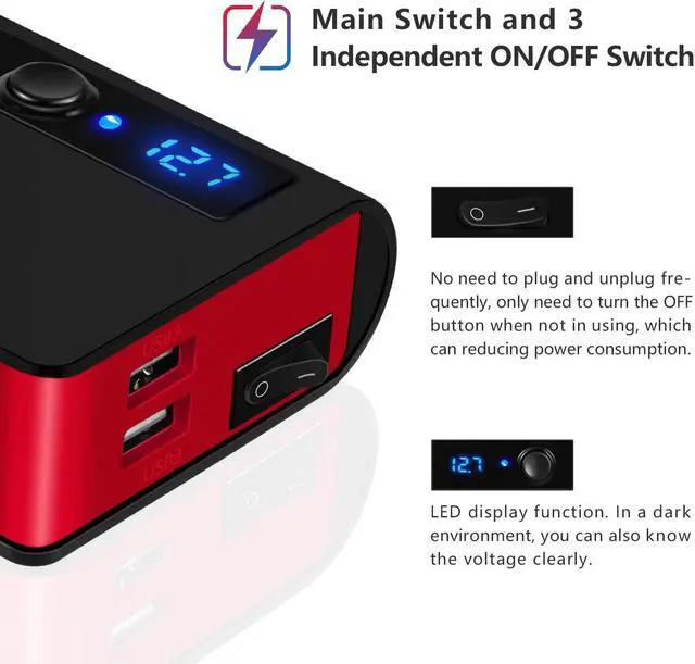 Alt view image 4 of 7 - OOWOLF 7 in 1 Car Charger, 3-Socket 180W Cigarette Lighter Adapter for DC 12V/24V Car, 4USB Ports with Quick Charge 3.0 Power Car Splitter for GPS, Dash Cam, Sat Nav, Phone, Tablet, Black-Red