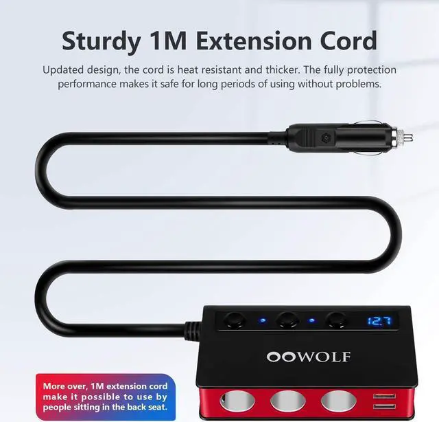 Alt view image 5 of 7 - OOWOLF 7 in 1 Car Charger, 3-Socket 180W Cigarette Lighter Adapter for DC 12V/24V Car, 4USB Ports with Quick Charge 3.0 Power Car Splitter for GPS, Dash Cam, Sat Nav, Phone, Tablet, Black-Red