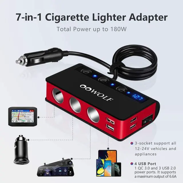 Alt view image 7 of 7 - OOWOLF 7 in 1 Car Charger, 3-Socket 180W Cigarette Lighter Adapter for DC 12V/24V Car, 4USB Ports with Quick Charge 3.0 Power Car Splitter for GPS, Dash Cam, Sat Nav, Phone, Tablet, Black-Red