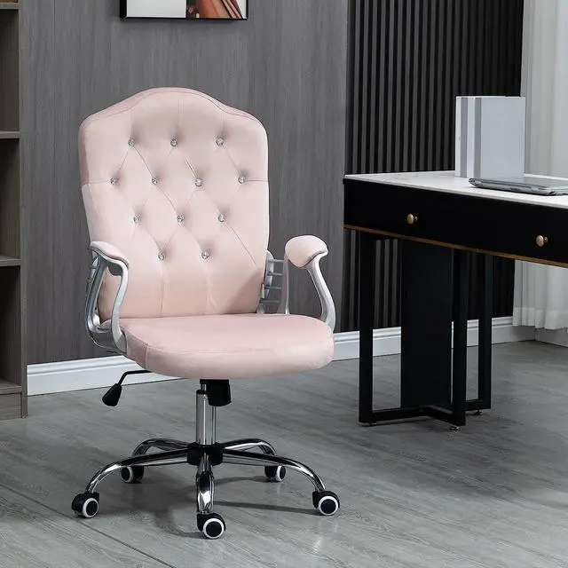 Alt view image 2 of 7 - Vinsetto Home Office Chair, Velvet Computer Chair, Button Tufted Desk Chair with Swivel Wheels, Adjustable Height, Tilt Function, Pink