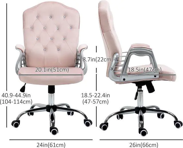 Alt view image 3 of 7 - Vinsetto Home Office Chair, Velvet Computer Chair, Button Tufted Desk Chair with Swivel Wheels, Adjustable Height, Tilt Function, Pink