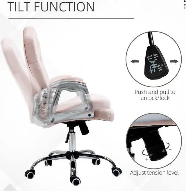 Alt view image 5 of 7 - Vinsetto Home Office Chair, Velvet Computer Chair, Button Tufted Desk Chair with Swivel Wheels, Adjustable Height, Tilt Function, Pink