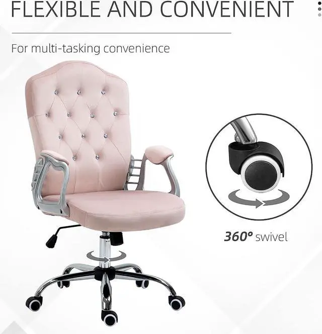 Alt view image 6 of 7 - Vinsetto Home Office Chair, Velvet Computer Chair, Button Tufted Desk Chair with Swivel Wheels, Adjustable Height, Tilt Function, Pink