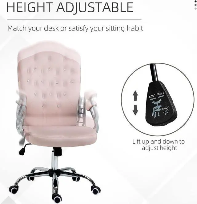 Alt view image 4 of 7 - Vinsetto Home Office Chair, Velvet Computer Chair, Button Tufted Desk Chair with Swivel Wheels, Adjustable Height, Tilt Function, Pink
