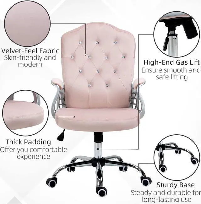 Alt view image 7 of 7 - Vinsetto Home Office Chair, Velvet Computer Chair, Button Tufted Desk Chair with Swivel Wheels, Adjustable Height, Tilt Function, Pink