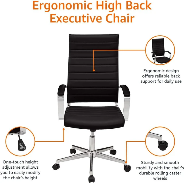 Alt view image 4 of 7 - Basics High-Back Executive Swivel Office Desk Chair with Ribbed Puresoft Upholstery - Black, Lumbar Support, Modern Style
