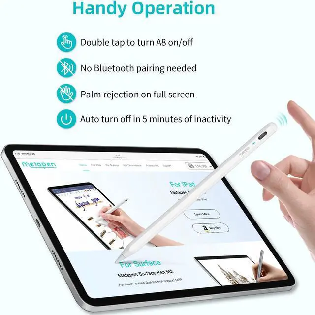 Alt view image 6 of 6 - Metapen Pencil A8 for iPad in 2018-2022 (2X Faster Charge, 2X Durable Tips), Stylus Pen with Palm Rejection for Apple iPad 9th~6th Gen, iPad Pro 12.9/11-inch, iPad Air 3rd/4th/5th, iPad Mini 5th Gen