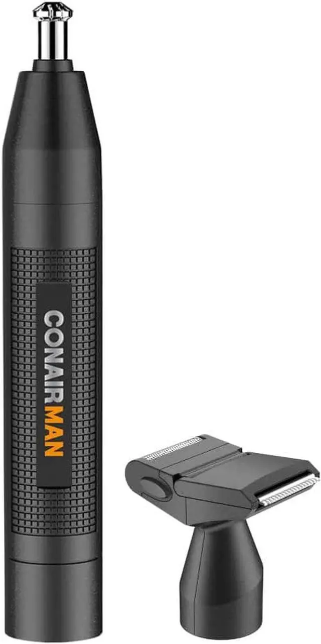 Main image of ConairMan Nose Hair Trimmer for Men, For Nose, Ear, and Eyebrows, Patent 360 Bevel Blade for No Pull, No Snag Trimming Experience, Cordless Trimmer 2 piece Set with Detail and Shaver Attachments