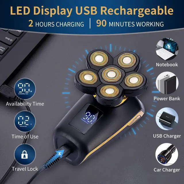 Alt view image 5 of 7 - Electric Rotary Shaver for Men - Multifunctional Bald Head Shaver, Waterproof, Rechargeable Razor for Balding Men