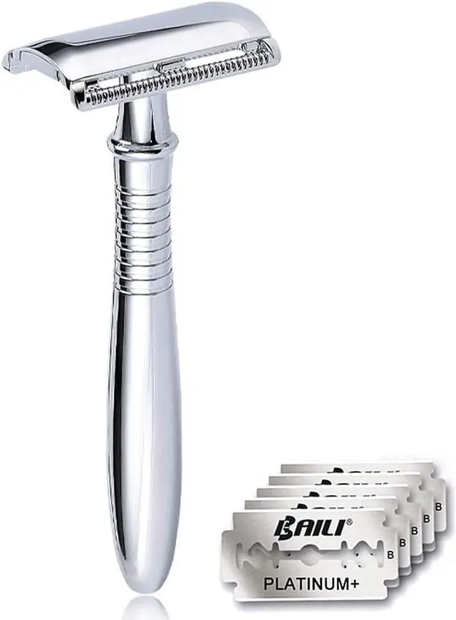 Main image of BAILI Long Handle Retro Double Edge Safety Razor Wet Shaving Kit +5 Platinum Swedish Blades BD191