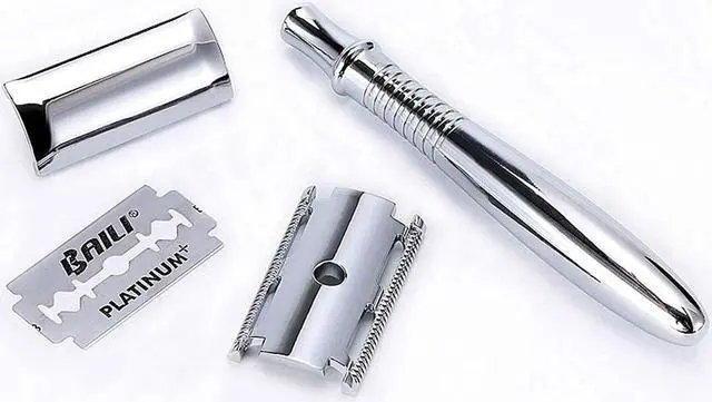 Alt view image 4 of 6 - BAILI Long Handle Retro Double Edge Safety Razor Wet Shaving Kit +5 Platinum Swedish Blades BD191