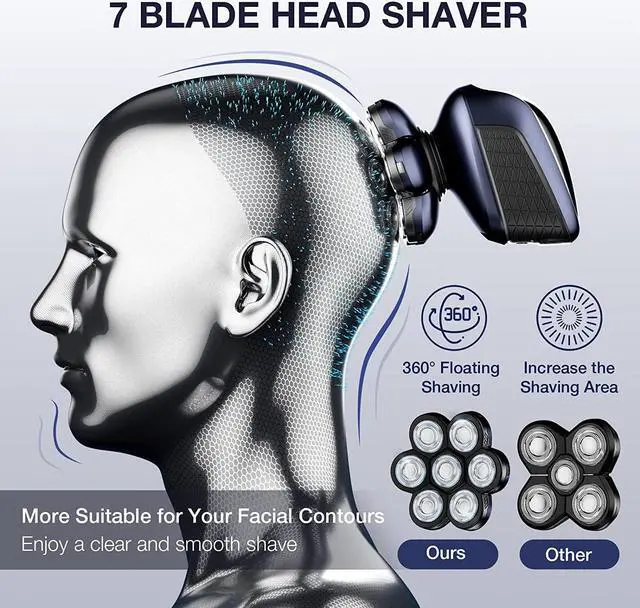 Alt view image 2 of 7 - Head Shaver 7D, Wyklaus Upgrade Head Shavers for Bald Men, Head Electric Razor with Nose Hair Trimmer, Waterproof Wet/Dry Mens Grooming Kit, Anti-Pinch, LED Display, USB Rechargeable