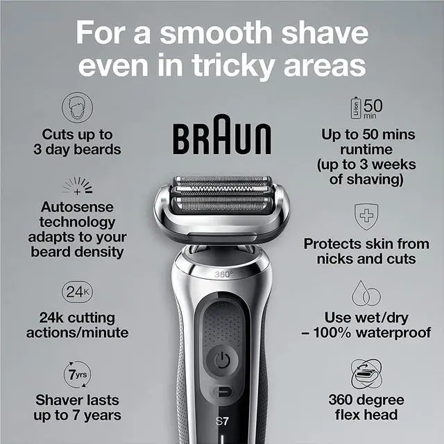 Alt view image 3 of 7 - Braun Electric Razor for Men, Series 7 360 Flex Head Foil Shaver with Precision Beard Trimmer, Rechargeable, Wet & Dry and Travel Case, Black, 5 Piece Set