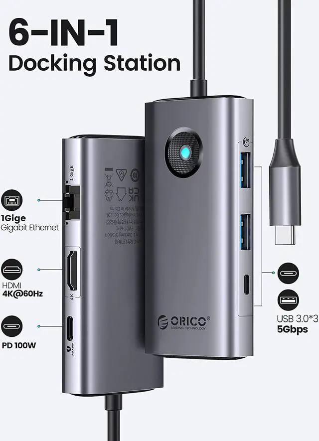 Alt view image 2 of 7 - USB C Hub Ethernet Adapter, ORICO 6-in-1 USB C Docking Station with 1000Mbps Ethernet, USB C to HDMI 4K, 100W Power Delivery, 3 USB 3.0 Ports Type C Hub for MacBook Pro, Chromebook and USB C Devices