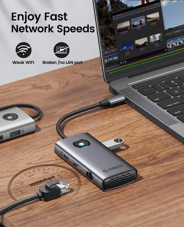 Alt view image 3 of 7 - USB C Hub Ethernet Adapter, ORICO 6-in-1 USB C Docking Station with 1000Mbps Ethernet, USB C to HDMI 4K, 100W Power Delivery, 3 USB 3.0 Ports Type C Hub for MacBook Pro, Chromebook and USB C Devices