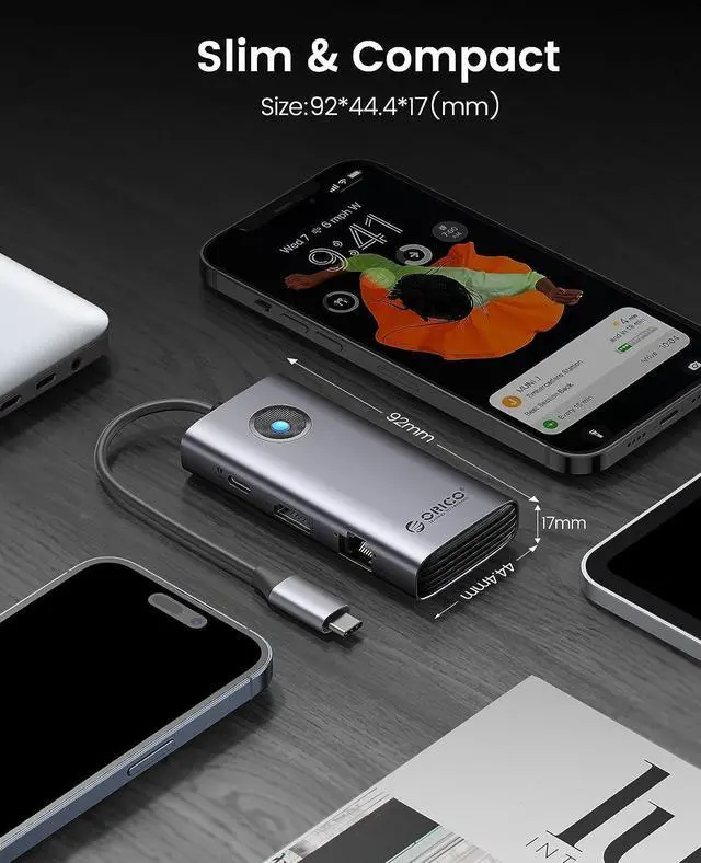 Alt view image 7 of 7 - USB C Hub Ethernet Adapter, ORICO 6-in-1 USB C Docking Station with 1000Mbps Ethernet, USB C to HDMI 4K, 100W Power Delivery, 3 USB 3.0 Ports Type C Hub for MacBook Pro, Chromebook and USB C Devices