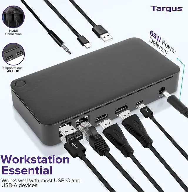 Alt view image 2 of 6 - Targus USB C Docking Station Universal DV4K, USB C Laptop Docking Station Dual Monitor 2 HDMI, 65W Power Delivery, DisplayLink Works w/Operating Systems Like Windows, Mac, Android, iOS (DOCK310USZ)