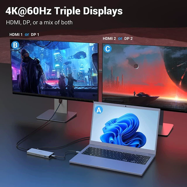Alt view image 3 of 7 - Qhou Laptop Docking Station, 11 in 1 USB C HUB with Two 4K @ 60Hz Video Outputs, Two Monitors, 3 x USB 3.1 10 Gbps, 2 x HDMI, 2 x DP, 100 W PD, Compatible with Windows and M1 Mac