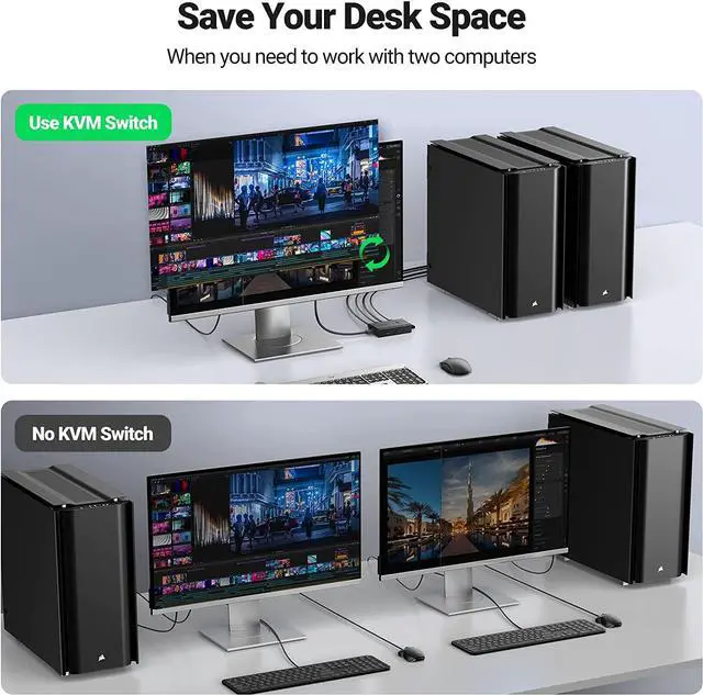 Alt view image 4 of 7 - UGREEN KVM Switch, Share 4 USB Ports, USB and HDMI Switch for 2 Computers for Keyboard Mouse Printer to One Monitor Support 4K@60Hz, 3D, HDR, Include Desktop Controller, 2 USB Cables and 2 HDMI Cables