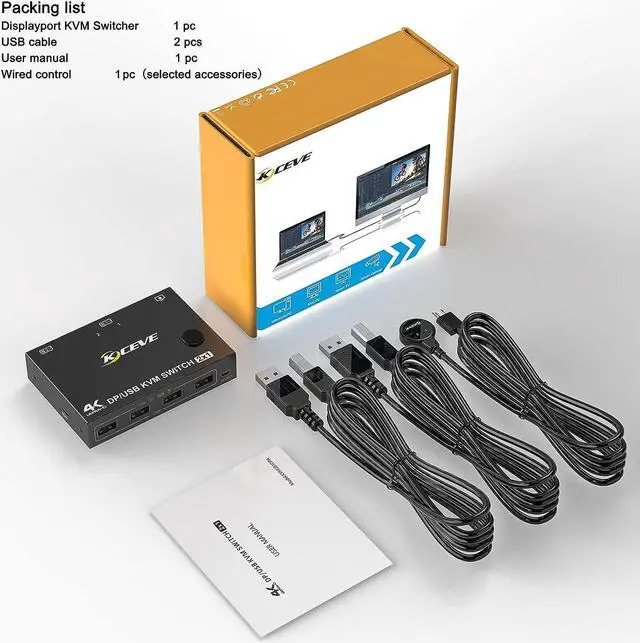 Alt view image 7 of 7 - KVM Switch DisplayPort,2 Port DP1.2 KVM Switch Two Computers 1 Monitor to Share Mouse,Keyboard,Printer,Scanner Support 4K@60Hz, 2 USB Cables and Wired Controller Included