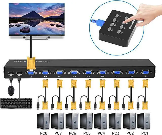 Alt view image 5 of 7 - VGA KVM 8 Port, USB VGA Rackmount KVM + 8 KVM Cables + 4 USB Hubs + Wired Desktop Selector + Rack Mount Ears