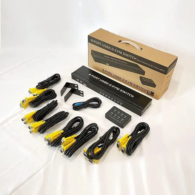 Alt view image 3 of 7 - VGA KVM 8 Port, USB VGA Rackmount KVM + 8 KVM Cables + 4 USB Hubs + Wired Desktop Selector + Rack Mount Ears