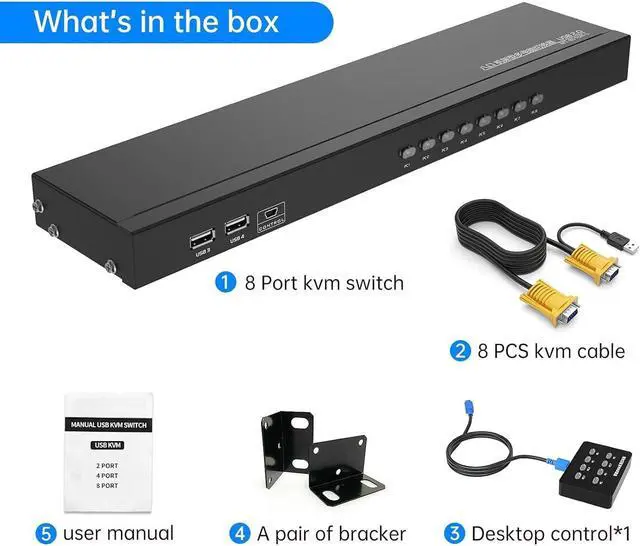 Alt view image 7 of 7 - VGA KVM 8 Port, USB VGA Rackmount KVM + 8 KVM Cables + 4 USB Hubs + Wired Desktop Selector + Rack Mount Ears