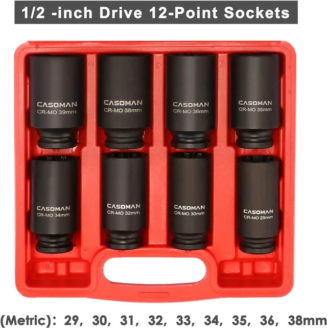 Alt view image 3 of 7 - CASOMAN 1/2-Inch Drive Deep Spindle Axle Nut Impact Socket Set,12 Point, Metric, CR-MO, 29,30 32 34 35,36,38,39mm, 8 Piece 1/2" Heavy Duty Impact Socket Set