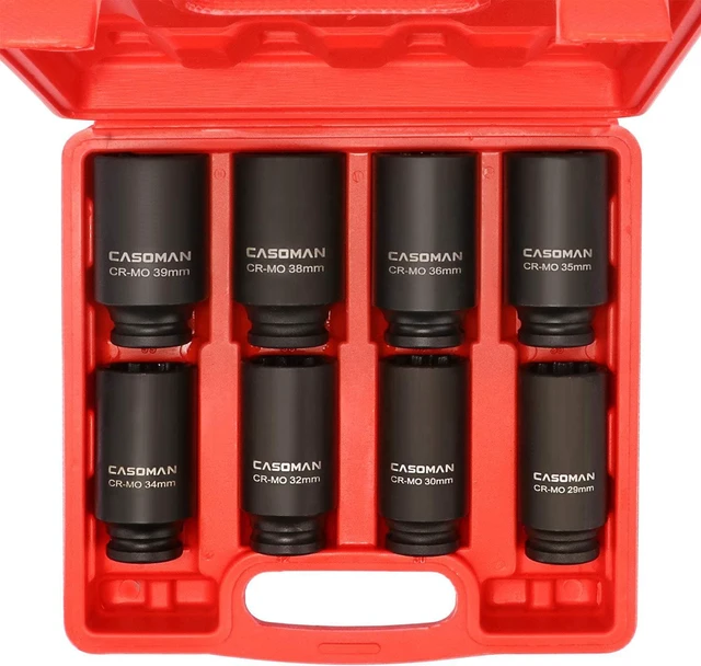 Main image of CASOMAN 1/2-Inch Drive Deep Spindle Axle Nut Impact Socket Set,12 Point, Metric, CR-MO, 29,30 32 34 35,36,38,39mm, 8 Piece 1/2" Heavy Duty Impact Socket Set