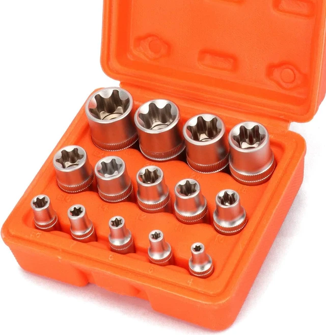 Main image of CASOMAN 14 Pieces Female E-TORX Star Socket Set, Female External Star Socket Set, E4 - E24 Torque Socket Set, 1/4"Dr. 3/8"Dr. 1/2"Dr.