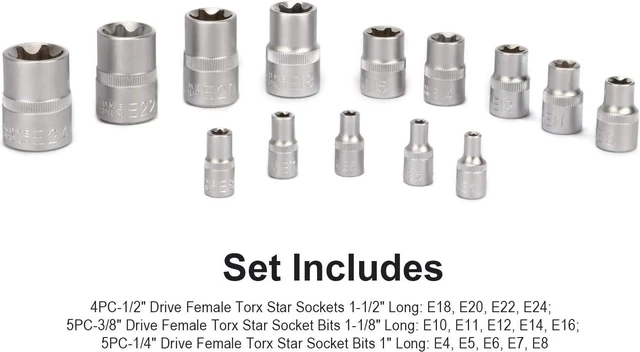 Alt view image 4 of 7 - CASOMAN 14 Pieces Female E-TORX Star Socket Set, Female External Star Socket Set, E4 - E24 Torque Socket Set, 1/4"Dr. 3/8"Dr. 1/2"Dr.