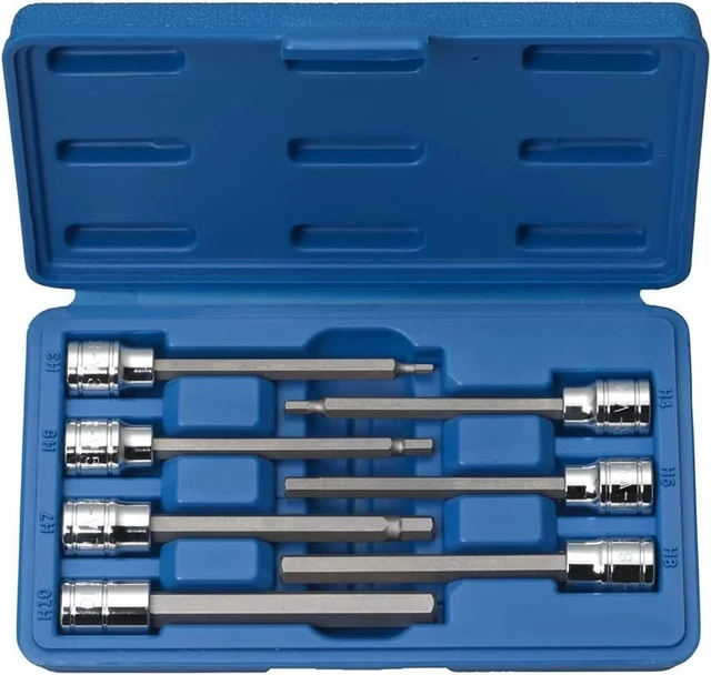 Main image of Neiko 10072A 3/8" Drive Extra Long Allen Hex Bit Socket Set, SAE, 1/8" - 3/8" | S2 & CR-V Steel, 7Piece Set, Clear