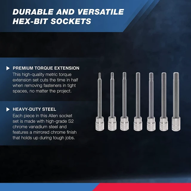 Alt view image 2 of 5 - Neiko 10072A 3/8" Drive Extra Long Allen Hex Bit Socket Set, SAE, 1/8" - 3/8" | S2 & CR-V Steel, 7Piece Set, Clear