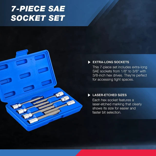 Alt view image 3 of 5 - Neiko 10072A 3/8" Drive Extra Long Allen Hex Bit Socket Set, SAE, 1/8" - 3/8" | S2 & CR-V Steel, 7Piece Set, Clear