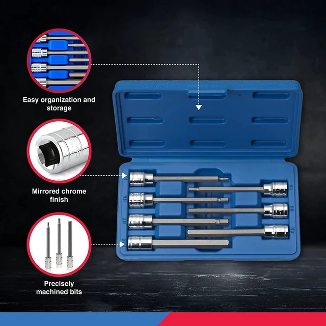 Alt view image 4 of 5 - Neiko 10072A 3/8" Drive Extra Long Allen Hex Bit Socket Set, SAE, 1/8" - 3/8" | S2 & CR-V Steel, 7Piece Set, Clear
