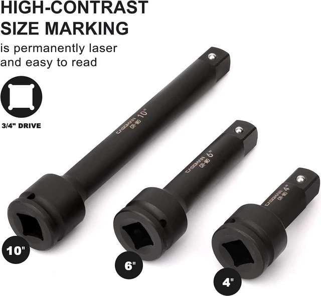 Alt view image 5 of 7 - CASOMAN 3/4 Drive Impact Extension Bar, Cr-Mo Steel,3-Piece Set, 4, 6, 10 ext. bar