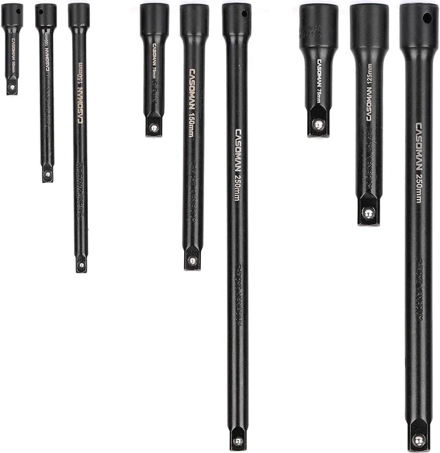 Main image of CASOMAN 9 Pieces Extension Bar Set, 1/4", 3/8" and 1/2" Drive Socket Extension, Premium Chrome Vanadium Steel with Black Phosphate Finish