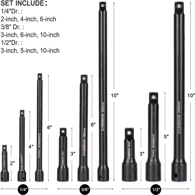 Alt view image 4 of 7 - CASOMAN 9 Pieces Extension Bar Set, 1/4", 3/8" and 1/2" Drive Socket Extension, Premium Chrome Vanadium Steel with Black Phosphate Finish