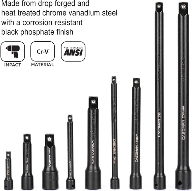 Alt view image 3 of 7 - CASOMAN 9 Pieces Extension Bar Set, 1/4", 3/8" and 1/2" Drive Socket Extension, Premium Chrome Vanadium Steel with Black Phosphate Finish