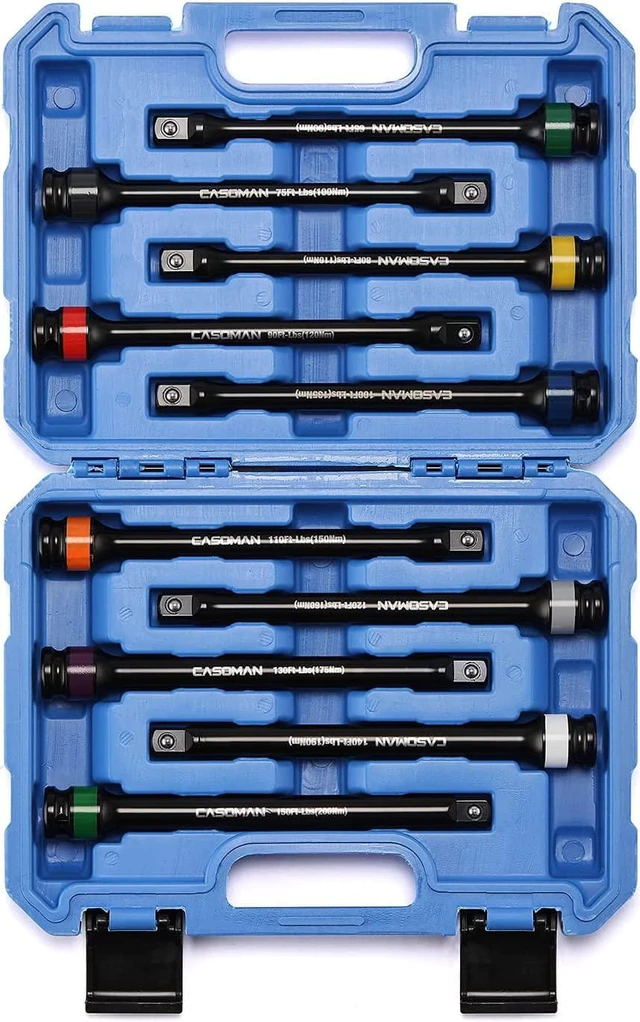 Main image of CASOMAN 10 Piece 1/2" Drive 8 Inch Length Color-Coded Torque Extension Bar Set, 65 to 150 Ft-Lbs (90 to 200 Nm), Torque Extension Tool Set