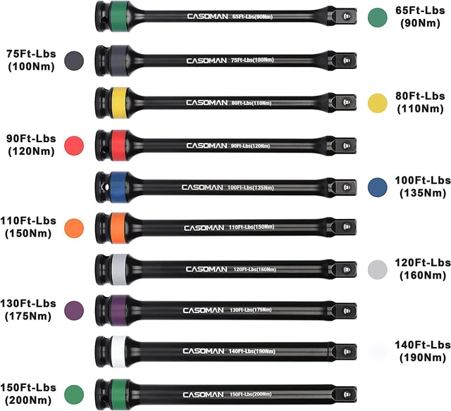 Alt view image 3 of 7 - CASOMAN 10 Piece 1/2" Drive 8 Inch Length Color-Coded Torque Extension Bar Set, 65 to 150 Ft-Lbs (90 to 200 Nm), Torque Extension Tool Set