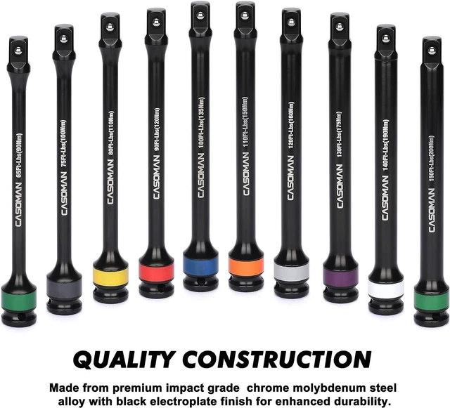 Alt view image 4 of 7 - CASOMAN 10 Piece 1/2" Drive 8 Inch Length Color-Coded Torque Extension Bar Set, 65 to 150 Ft-Lbs (90 to 200 Nm), Torque Extension Tool Set