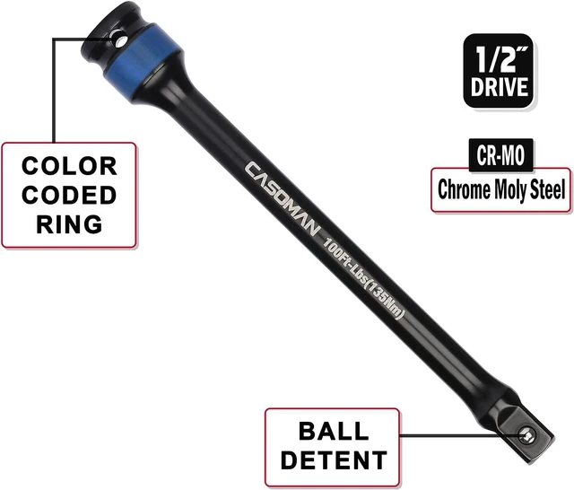 Alt view image 5 of 7 - CASOMAN 10 Piece 1/2" Drive 8 Inch Length Color-Coded Torque Extension Bar Set, 65 to 150 Ft-Lbs (90 to 200 Nm), Torque Extension Tool Set