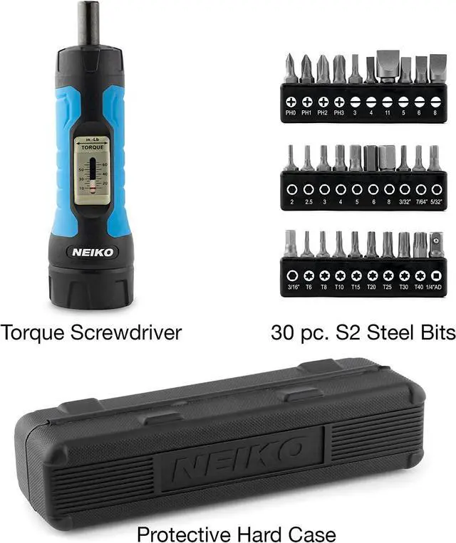 Alt view image 2 of 7 - Neiko 10574A 1/4 Drive Torque Wrench Screwdriver Set | 30 Pieces of S2 Steel Philips, Hex, Slotted, and Torx Bits | 10 to 60 Inch-Pounds Torque Adjustment Range | Firearms Accurizing and Gunsmithing