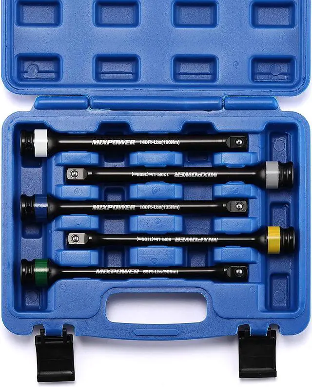 Main image of MIXPOWER 5 Pieces 1/2" Drive Torque Limiting Socket Extension Bars, 8 in Long Color-Tool Kit 65-140 ft/lb Set