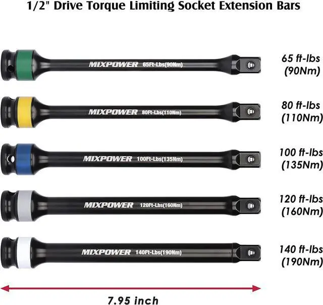 Alt view image 3 of 7 - MIXPOWER 5 Pieces 1/2" Drive Torque Limiting Socket Extension Bars, 8 in Long Color-Tool Kit 65-140 ft/lb Set