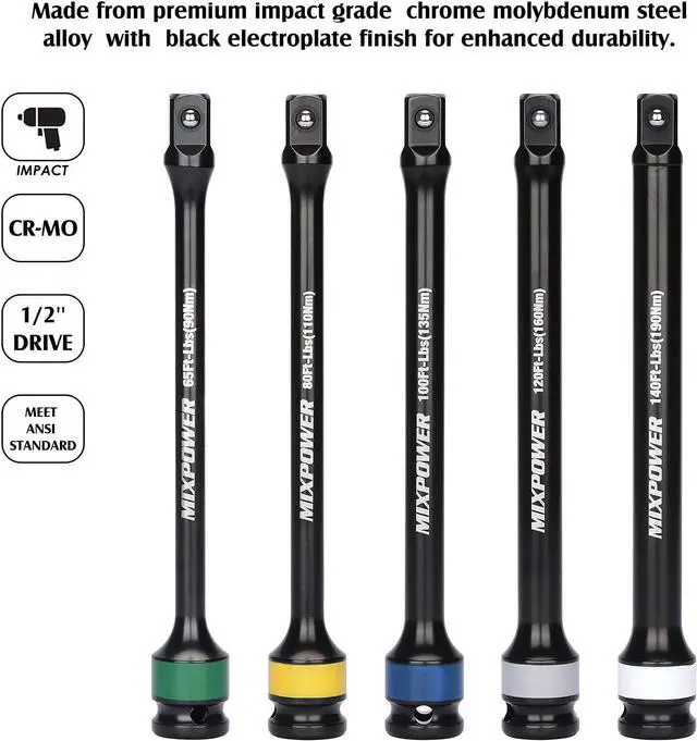 Alt view image 4 of 7 - MIXPOWER 5 Pieces 1/2" Drive Torque Limiting Socket Extension Bars, 8 in Long Color-Tool Kit 65-140 ft/lb Set