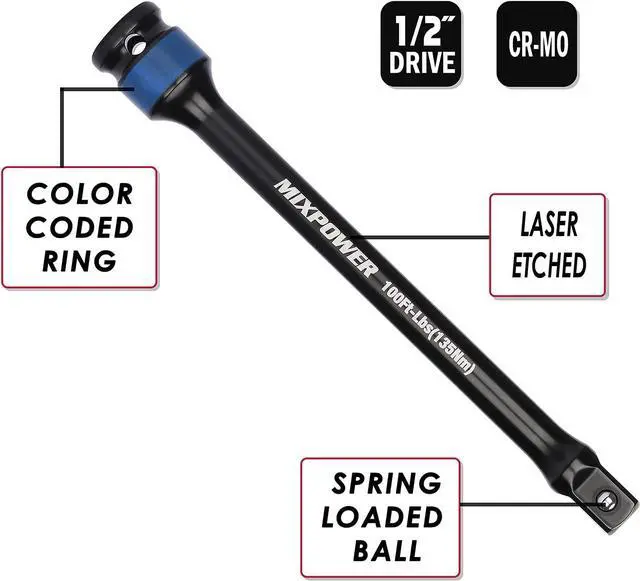 Alt view image 5 of 7 - MIXPOWER 5 Pieces 1/2" Drive Torque Limiting Socket Extension Bars, 8 in Long Color-Tool Kit 65-140 ft/lb Set